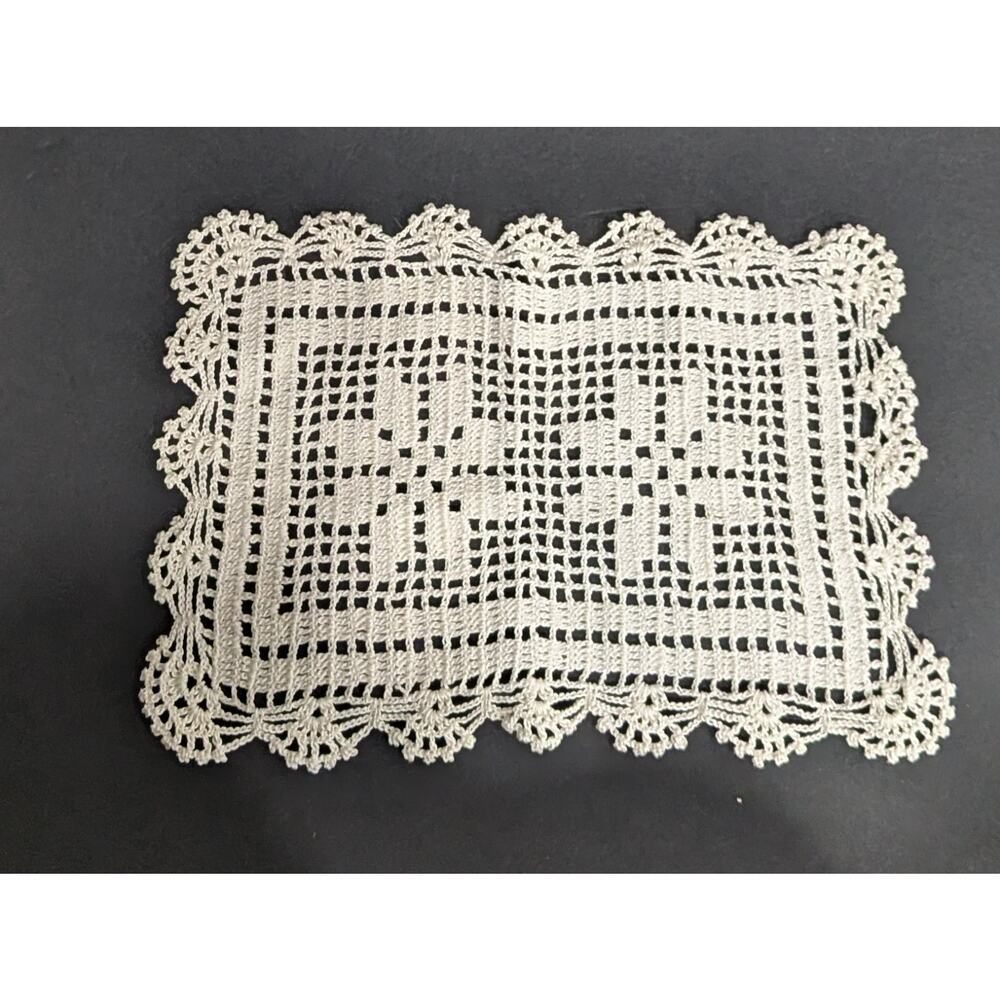 Vintage White Doily Filet Crochet Rectangle 10x7 Handmade Lace Scalloped Edge